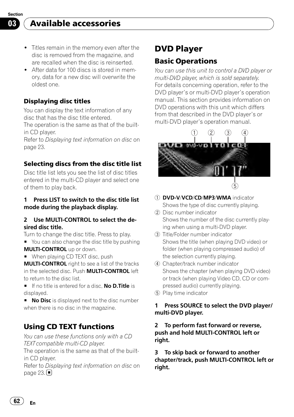 Using cd text functions 62, Dvd player, Basic operations 62 | Available accessories, Using cd text functions, Basic operations | Pioneer DEH-P800BT User Manual | Page 62 / 148