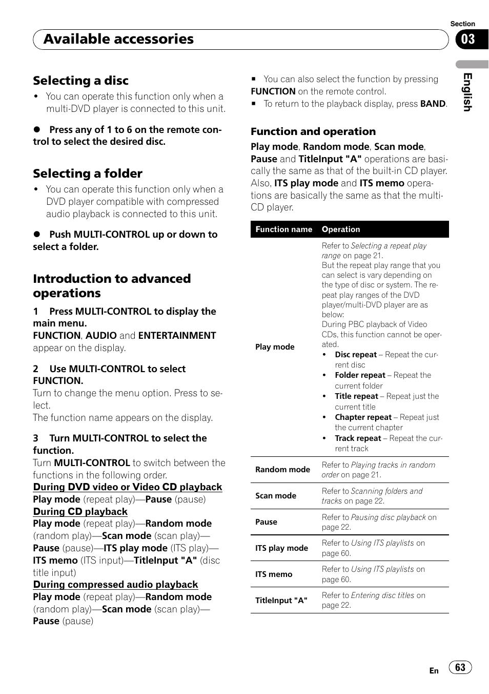 Selecting a disc 63, Selecting a folder 63, Introduction to advanced | Operations, Available accessories, Selecting a disc, Selecting a folder, Introduction to advanced operations | Pioneer DEH-P800BT User Manual | Page 63 / 148