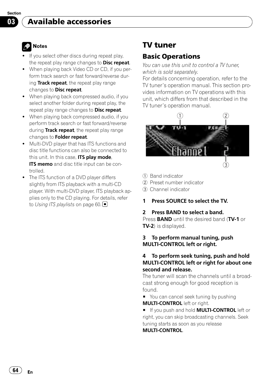 Tv tuner, Basic operations 64, Available accessories | Basic operations | Pioneer DEH-P800BT User Manual | Page 64 / 148