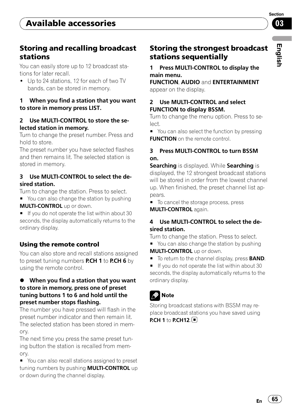 Storing and recalling broadcast, Stations, Storing the strongest broadcast | Stations sequentially, Available accessories, Storing and recalling broadcast stations | Pioneer DEH-P800BT User Manual | Page 65 / 148