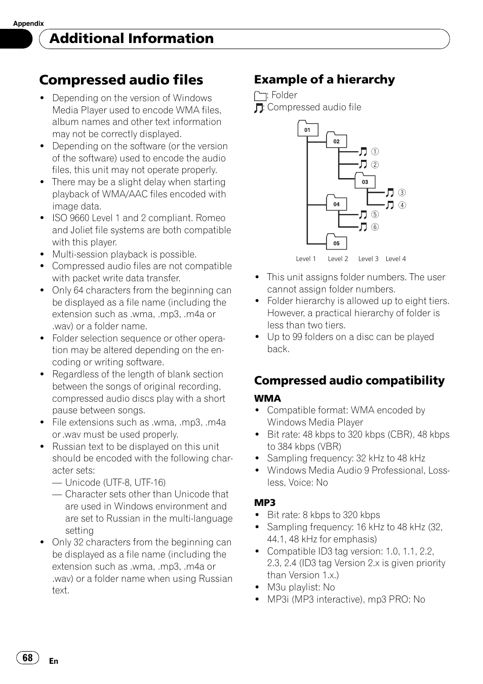 Compressed audio files, Example of a hierarchy 68, Compressed audio compatibility 68 | Additional information, Example of a hierarchy, Compressed audio compatibility | Pioneer DEH-P800BT User Manual | Page 68 / 148