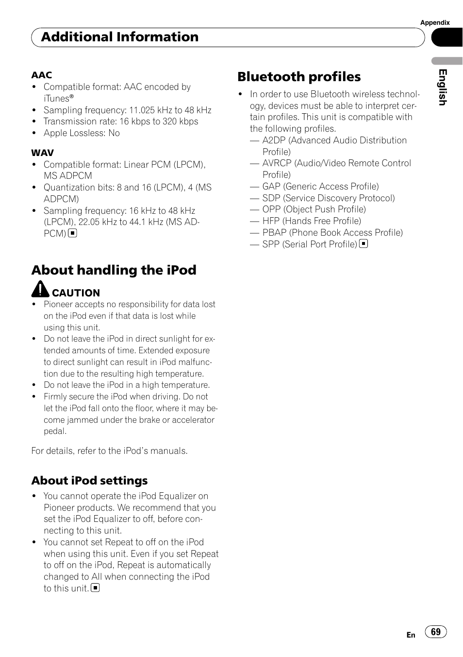 About handling the ipod, About ipod settings 69, Bluetooth profiles | Additional information, About ipod settings | Pioneer DEH-P800BT User Manual | Page 69 / 148