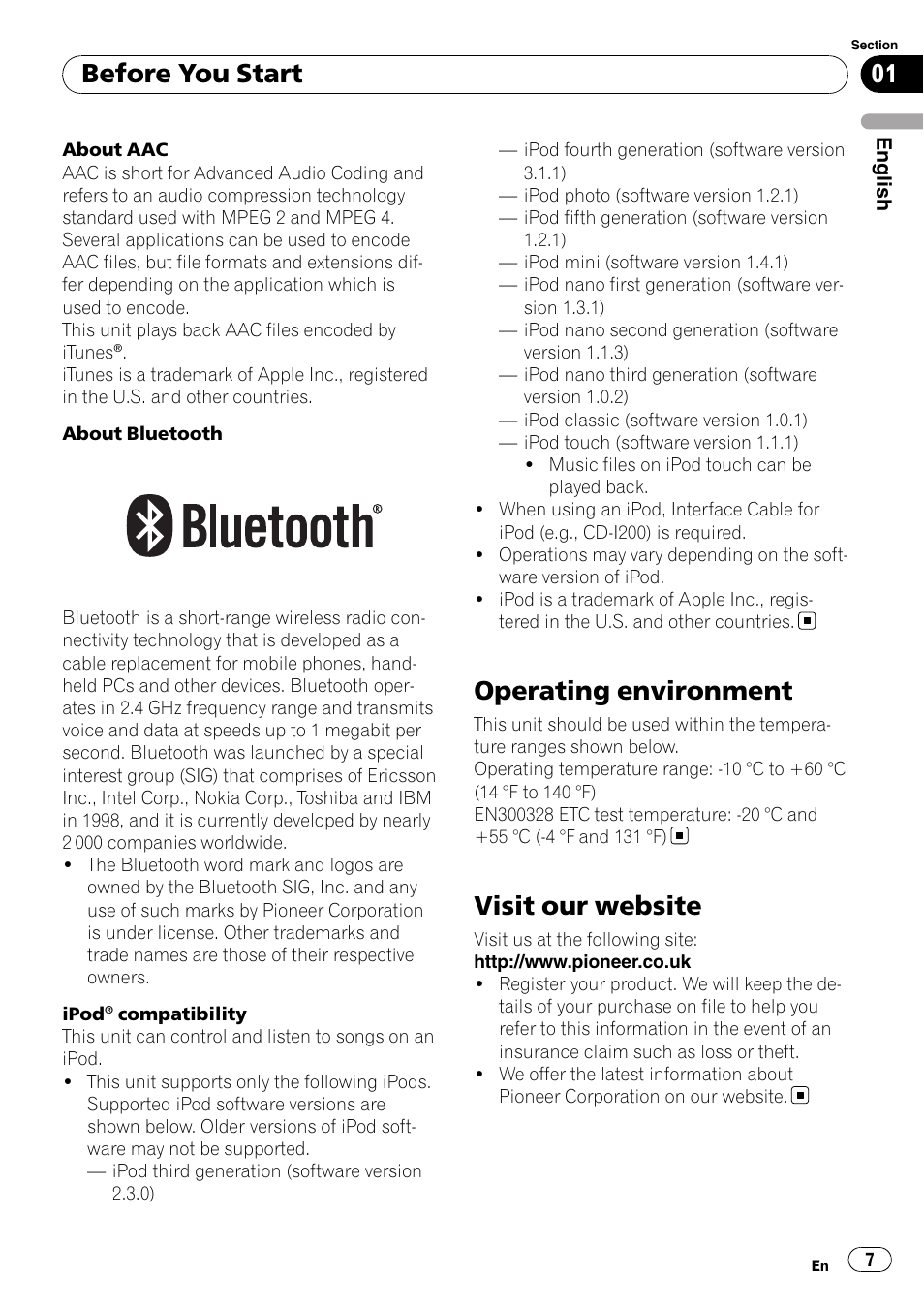 Operating environment, Visit our website, Before you start | Pioneer DEH-P800BT User Manual | Page 7 / 148
