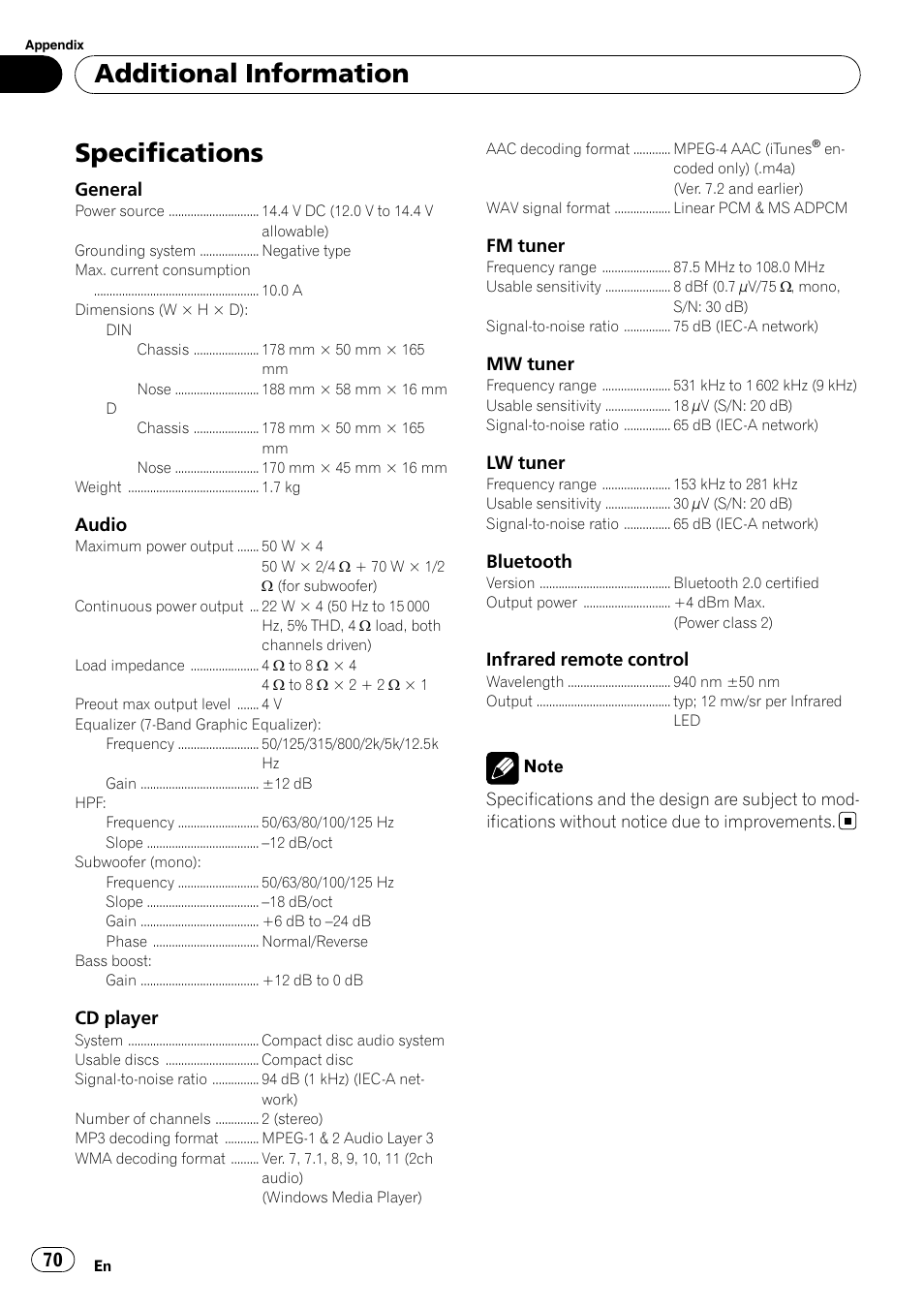 Specifications, Additional information | Pioneer DEH-P800BT User Manual | Page 70 / 148