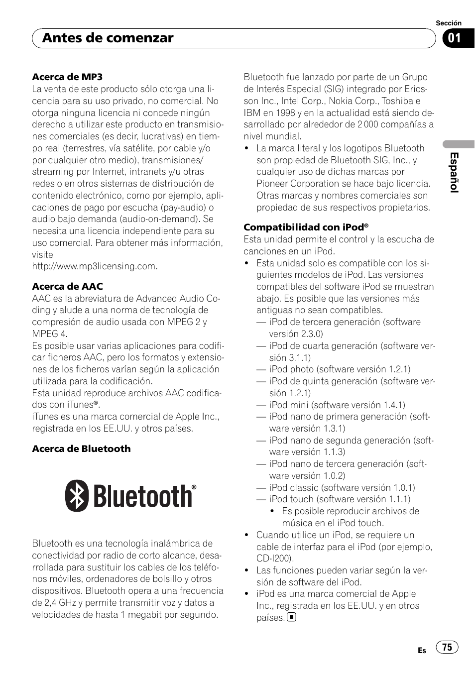 Antes de comenzar | Pioneer DEH-P800BT User Manual | Page 75 / 148