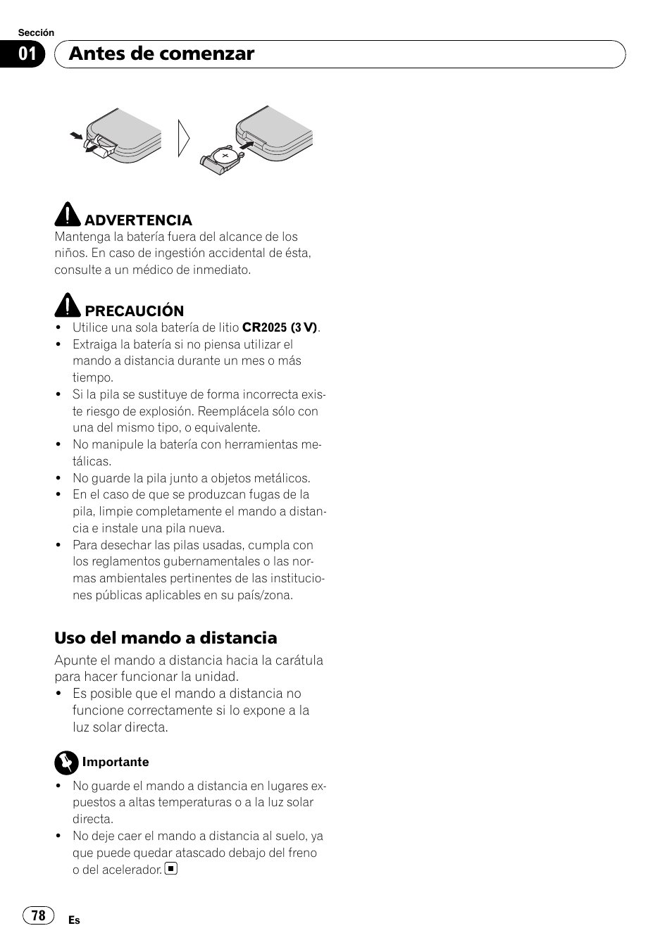 Uso del mando a distancia 78, Antes de comenzar, Uso del mando a distancia | Pioneer DEH-P800BT User Manual | Page 78 / 148
