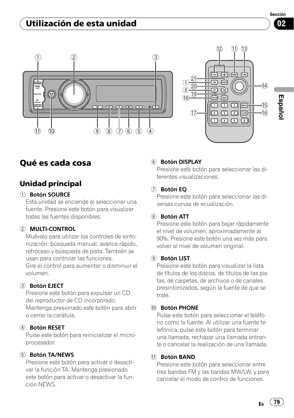 Utilización de esta unidad qué es cada cosa, Unidad principal 79, Qué es cada cosa | Utilización de esta unidad | Pioneer DEH-P800BT User Manual | Page 79 / 148