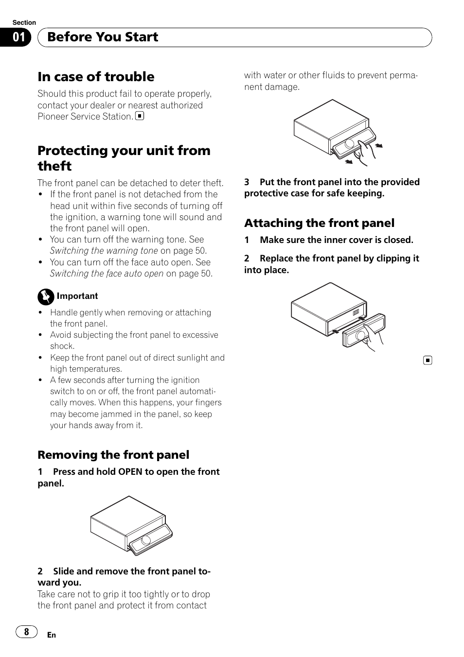 In case of trouble, Protecting your unit from theft, Removing the front panel 8 | Attaching the front panel 8, Before you start | Pioneer DEH-P800BT User Manual | Page 8 / 148