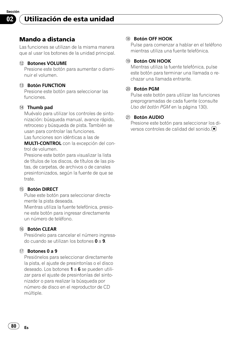Mando a distancia 80, Utilización de esta unidad, Mando a distancia | Pioneer DEH-P800BT User Manual | Page 80 / 148