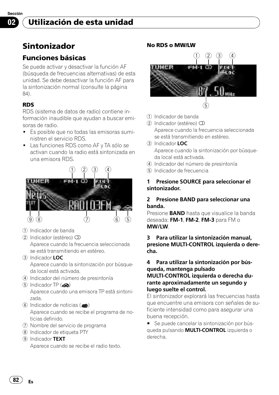 Sintonizador, Funciones básicas 82, Utilización de esta unidad | Funciones básicas | Pioneer DEH-P800BT User Manual | Page 82 / 148