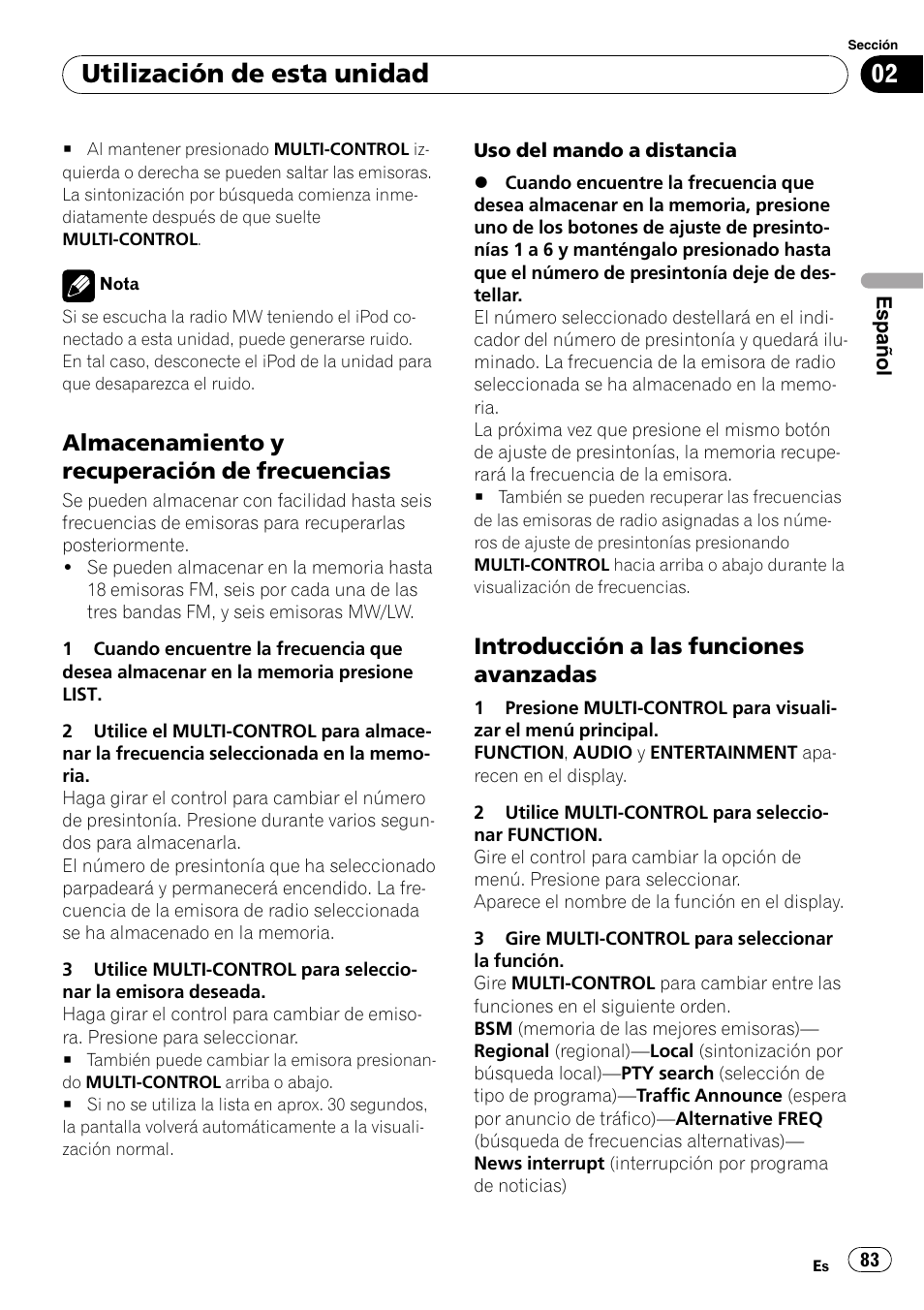 Almacenamiento y recuperación de, Frecuencias, Introducción a las funciones | Avanzadas, Utilización de esta unidad, Almacenamiento y recuperación de frecuencias, Introducción a las funciones avanzadas | Pioneer DEH-P800BT User Manual | Page 83 / 148