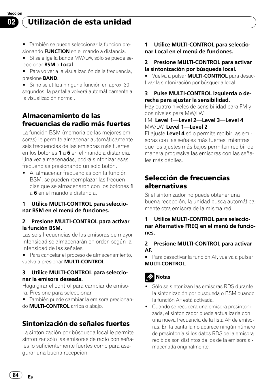 Almacenamiento de las frecuencias de, Radio más fuertes, Sintonización de señales fuertes 84 | Selección de frecuencias, Alternativas, Utilización de esta unidad, Sintonización de señales fuertes, Selección de frecuencias alternativas | Pioneer DEH-P800BT User Manual | Page 84 / 148