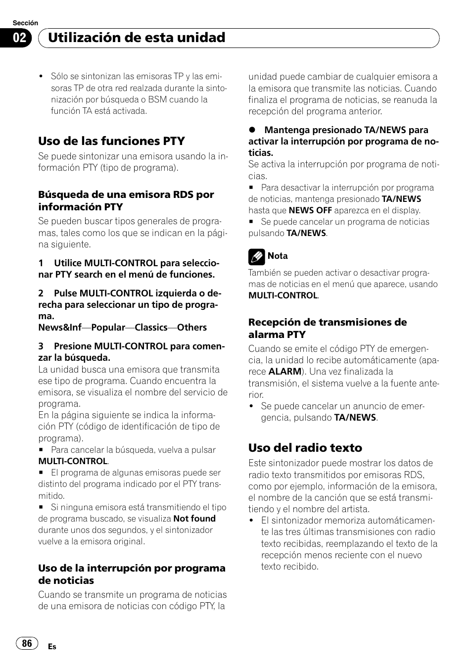 Uso de las funciones pty 86, Uso del radio texto 86, Utilización de esta unidad | Uso de las funciones pty, Uso del radio texto | Pioneer DEH-P800BT User Manual | Page 86 / 148