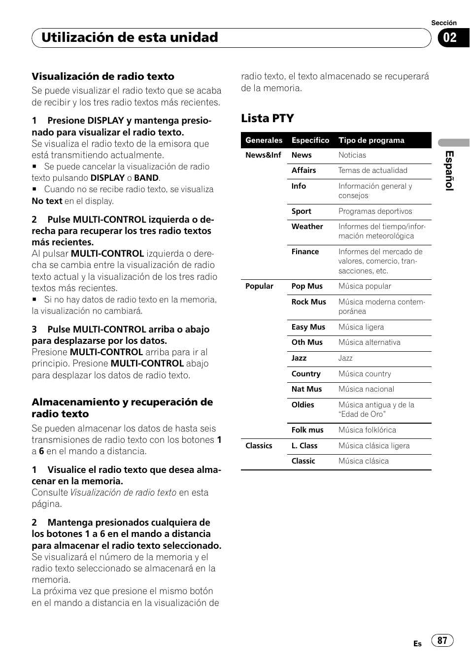 Lista pty 87, Utilización de esta unidad, Lista pty | Español | Pioneer DEH-P800BT User Manual | Page 87 / 148
