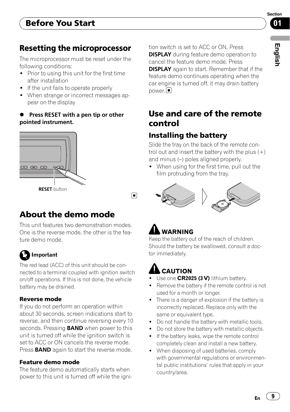 Resetting the microprocessor, About the demo mode, Use and care of the remote control | Installing the battery 9, Before you start, Installing the battery | Pioneer DEH-P800BT User Manual | Page 9 / 148