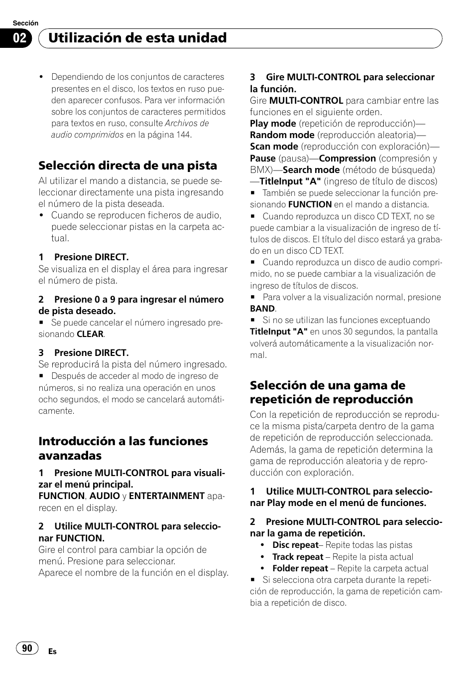 Selección directa de una pista 90, Introducción a las funciones, Avanzadas | Selección de una gama de repetición, De reproducción, Utilización de esta unidad, Selección directa de una pista, Introducción a las funciones avanzadas | Pioneer DEH-P800BT User Manual | Page 90 / 148