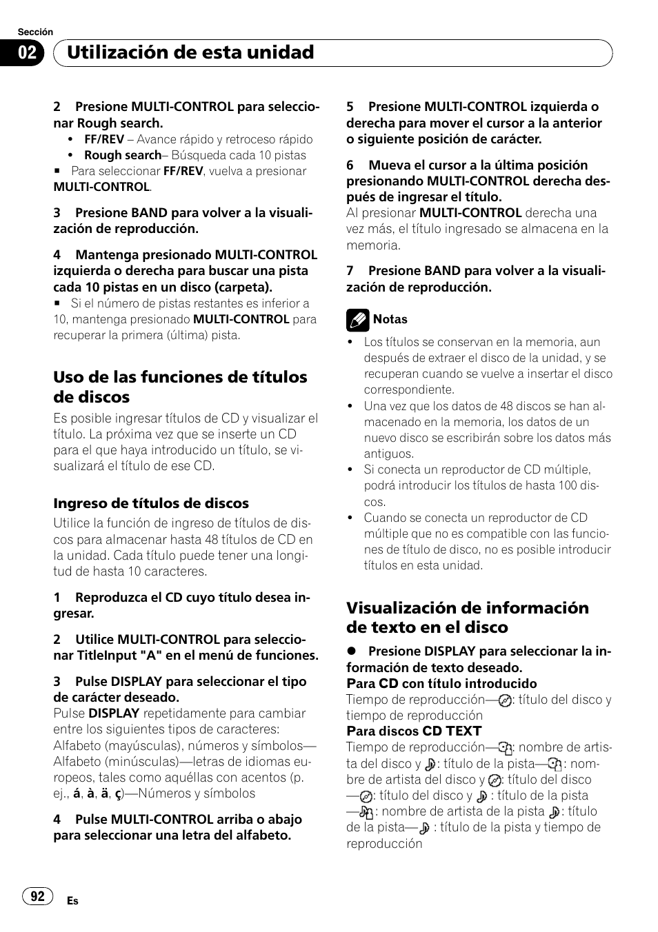 Uso de las funciones de títulos de, Discos, Visualización de información de texto | En el disco, Utilización de esta unidad, Uso de las funciones de títulos de discos, Visualización de información de texto en el disco | Pioneer DEH-P800BT User Manual | Page 92 / 148