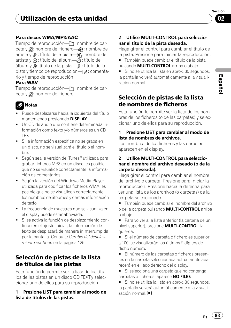 Selección de pistas de la lista de títulos, De las pistas, Selección de pistas de la lista de | Nombres de ficheros, Utilización de esta unidad | Pioneer DEH-P800BT User Manual | Page 93 / 148