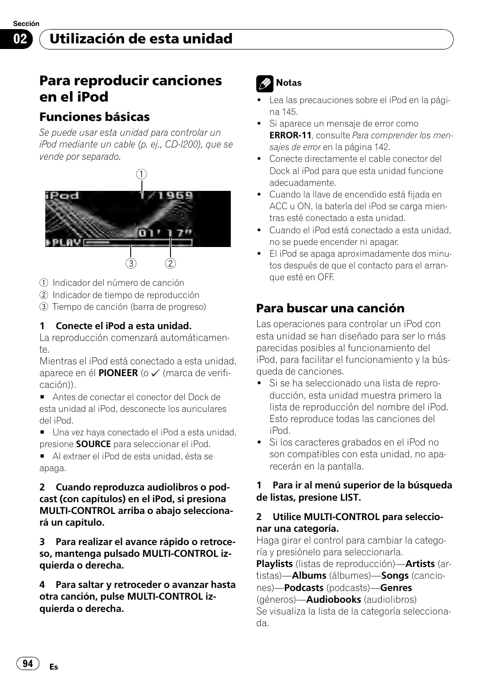 Para reproducir canciones en el ipod, Funciones básicas 94, Para buscar una canción 94 | Utilización de esta unidad, Funciones básicas, Para buscar una canción | Pioneer DEH-P800BT User Manual | Page 94 / 148