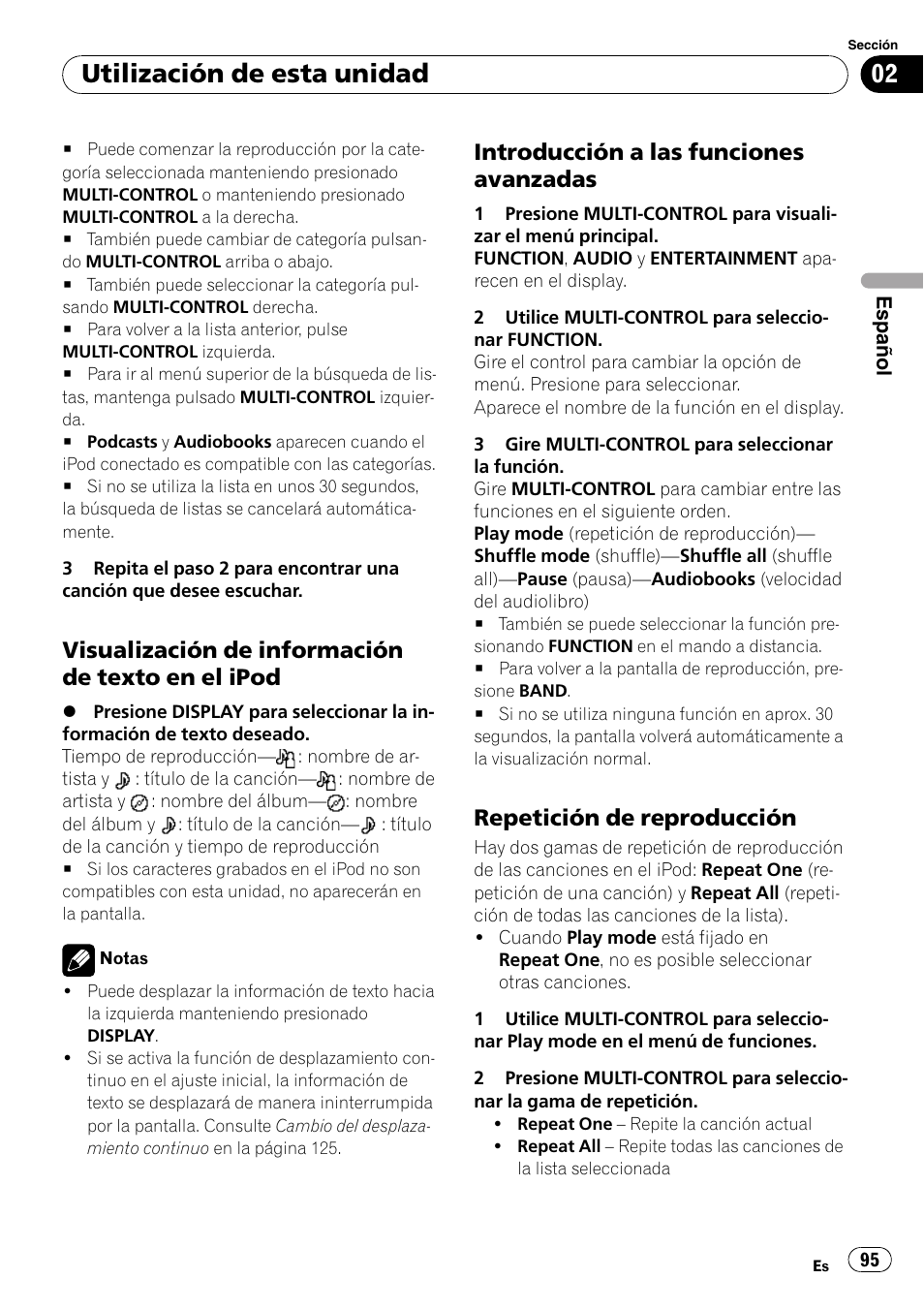 Visualización de información de texto, En el ipod, Introducción a las funciones | Avanzadas, Repetición de reproducción 95, Utilización de esta unidad, Visualización de información de texto en el ipod, Introducción a las funciones avanzadas, Repetición de reproducción | Pioneer DEH-P800BT User Manual | Page 95 / 148