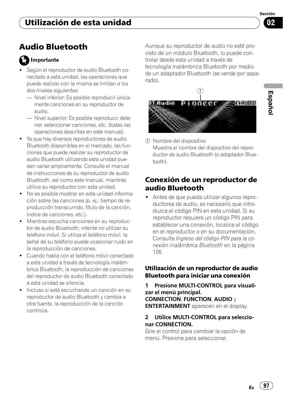 Audio bluetooth, Conexión de un reproductor de audio, Bluetooth | Utilización de esta unidad, Conexión de un reproductor de audio bluetooth | Pioneer DEH-P800BT User Manual | Page 97 / 148