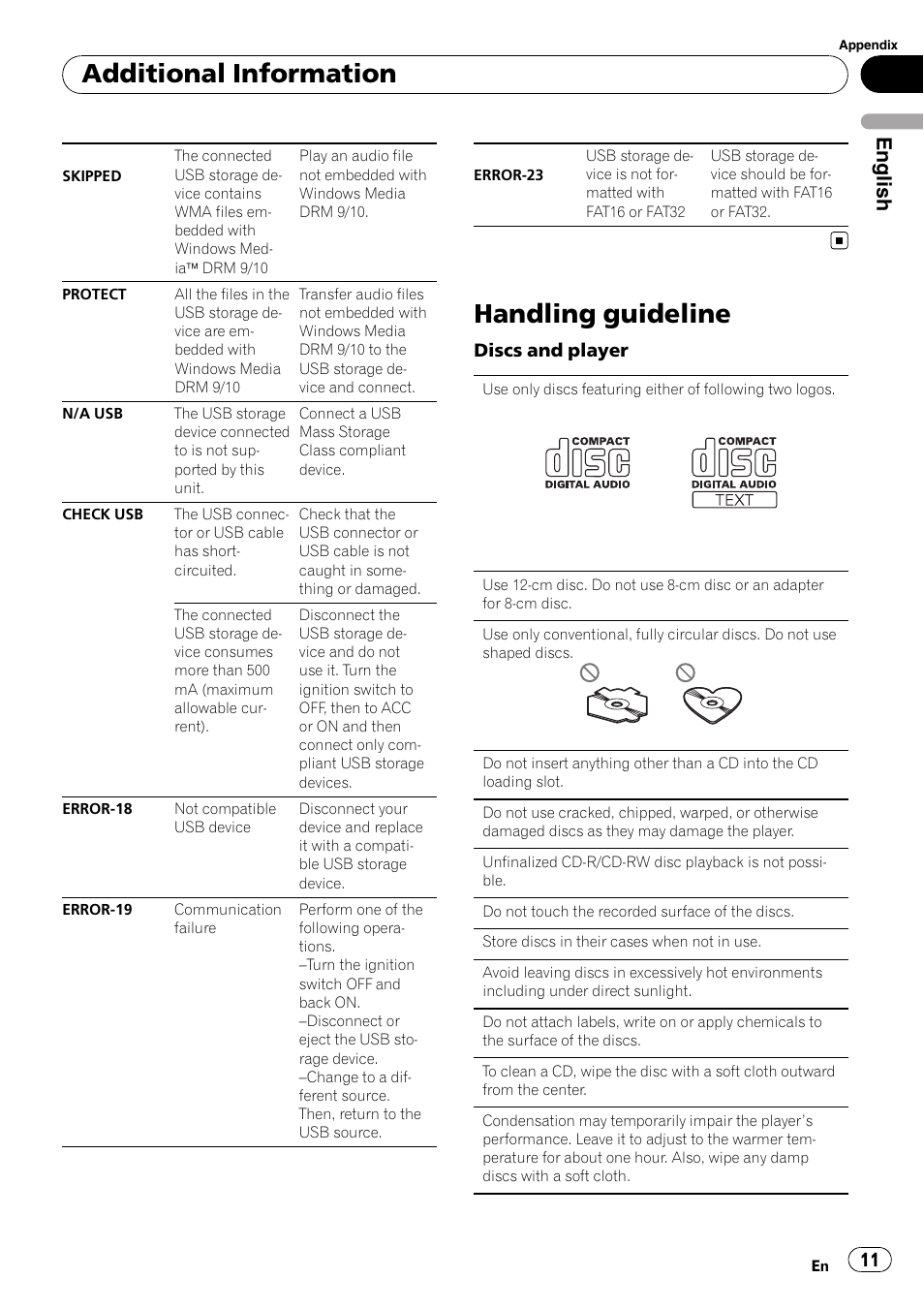 Handling guideline, Additional information, English | Pioneer DEH-2210UB User Manual | Page 11 / 117