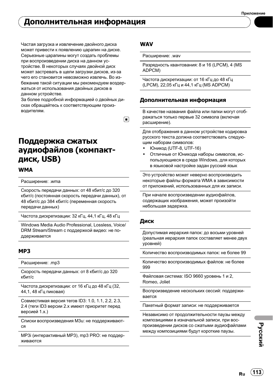 Поддержка сжатых аудиофайлов (компакт- диск, usb), Дополнительная информация, Ру сский | Pioneer DEH-2210UB User Manual | Page 113 / 117