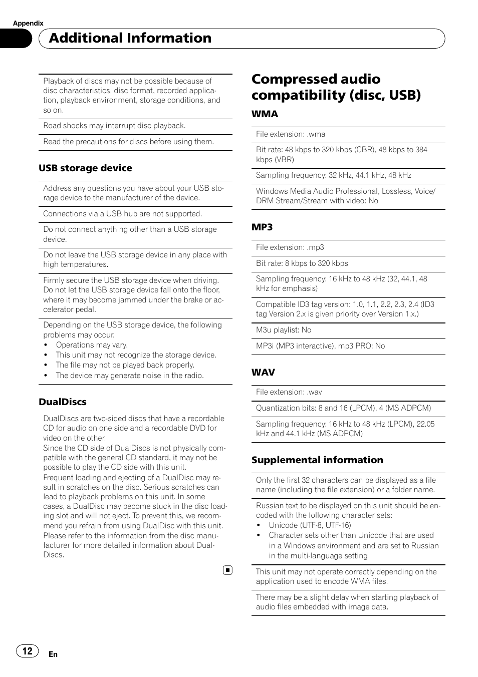 Compressed audio compatibility (disc, usb), Additional information | Pioneer DEH-2210UB User Manual | Page 12 / 117