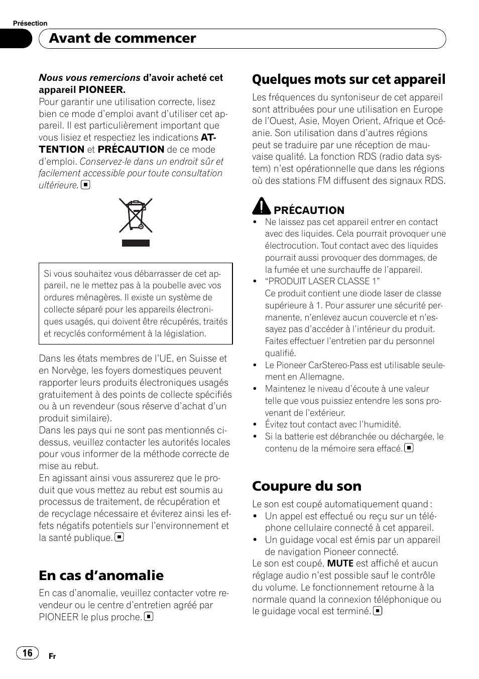 Français, En cas d ’anomalie, Quelques mots sur cet appareil | Coupure du son, Avant de commencer | Pioneer DEH-2210UB User Manual | Page 16 / 117