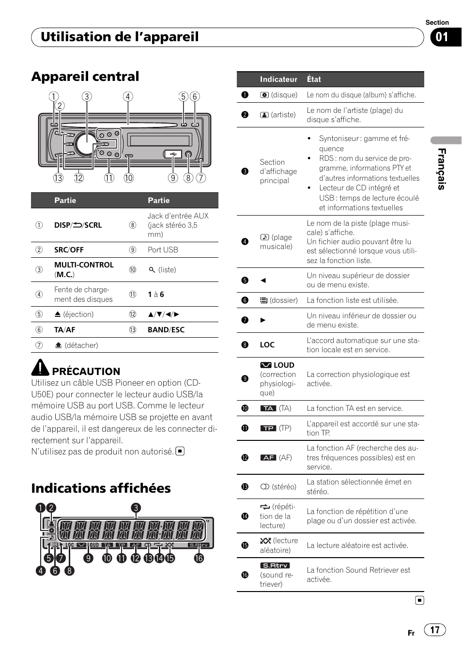 Appareil central, Indications affichées, Utilisation de l ’appareil | Français, Précaution | Pioneer DEH-2210UB User Manual | Page 17 / 117