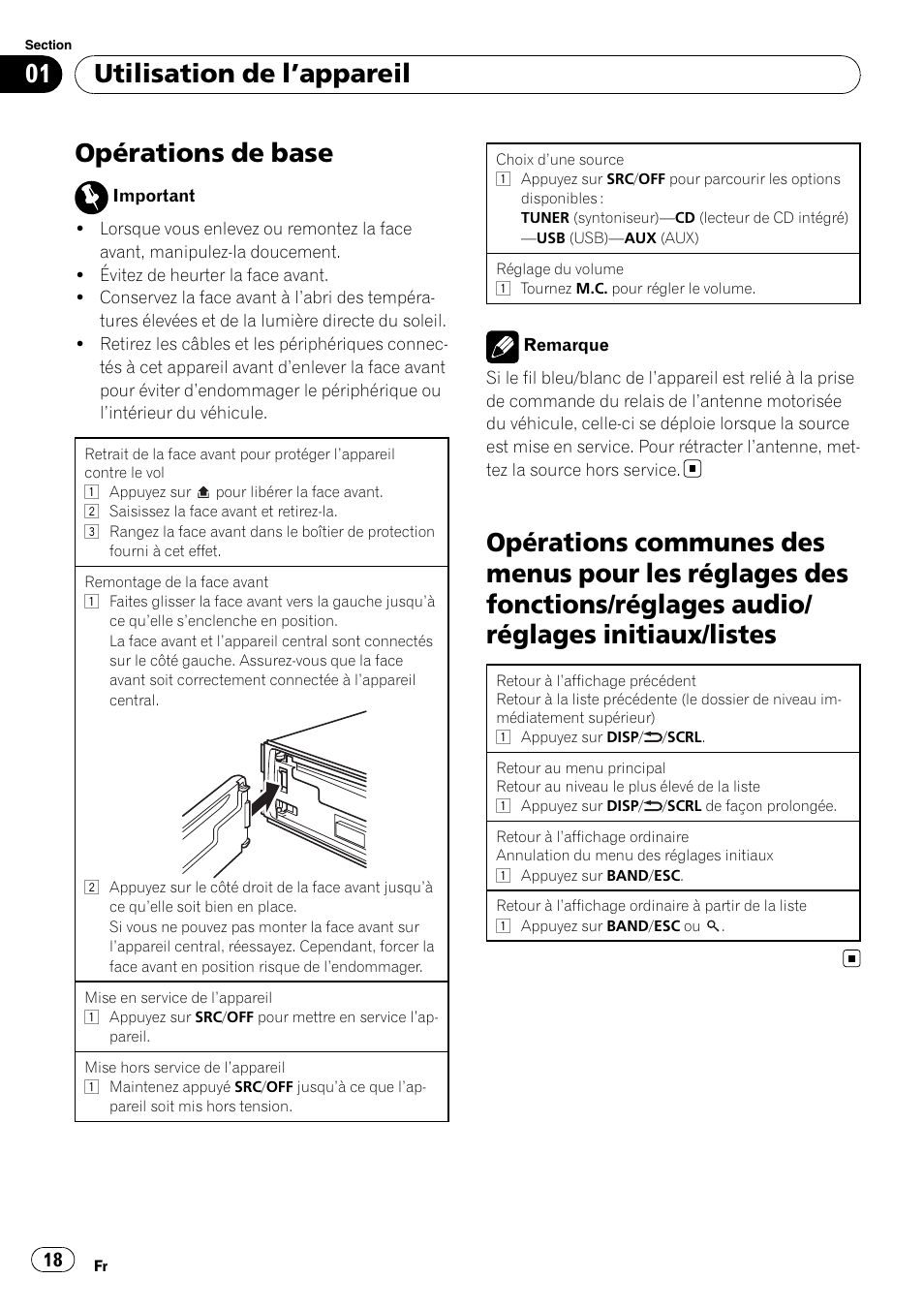 Opérations de base, Utilisation de l ’appareil | Pioneer DEH-2210UB User Manual | Page 18 / 117