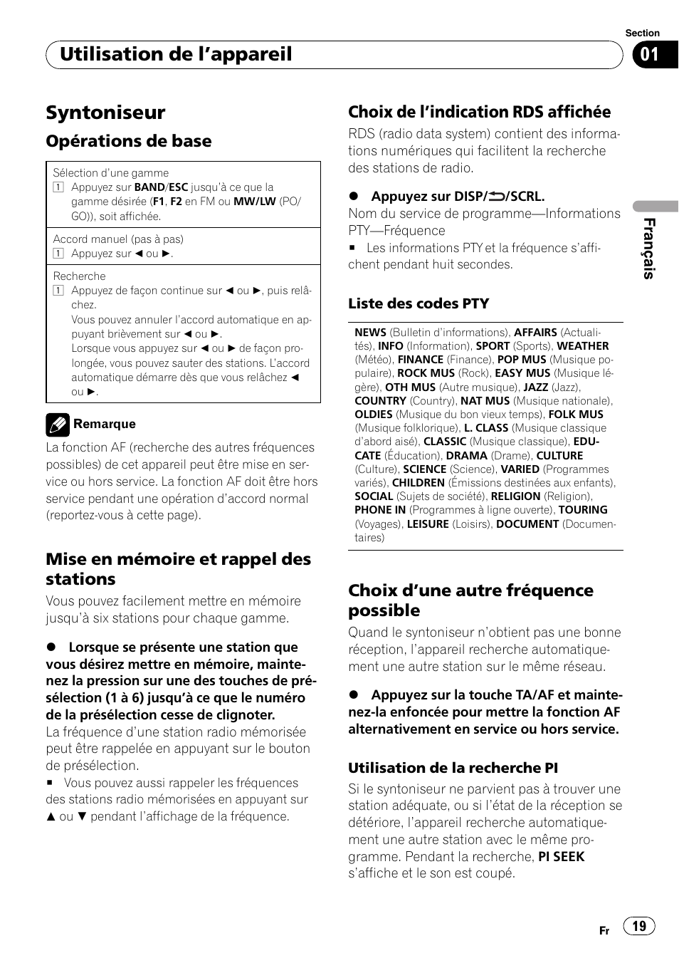 Syntoniseur, Utilisation de l ’appareil, Opérations de base | Mise en mémoire et rappel des stations, Choix de l ’indication rds affichée, Choix d ’une autre fréquence possible | Pioneer DEH-2210UB User Manual | Page 19 / 117