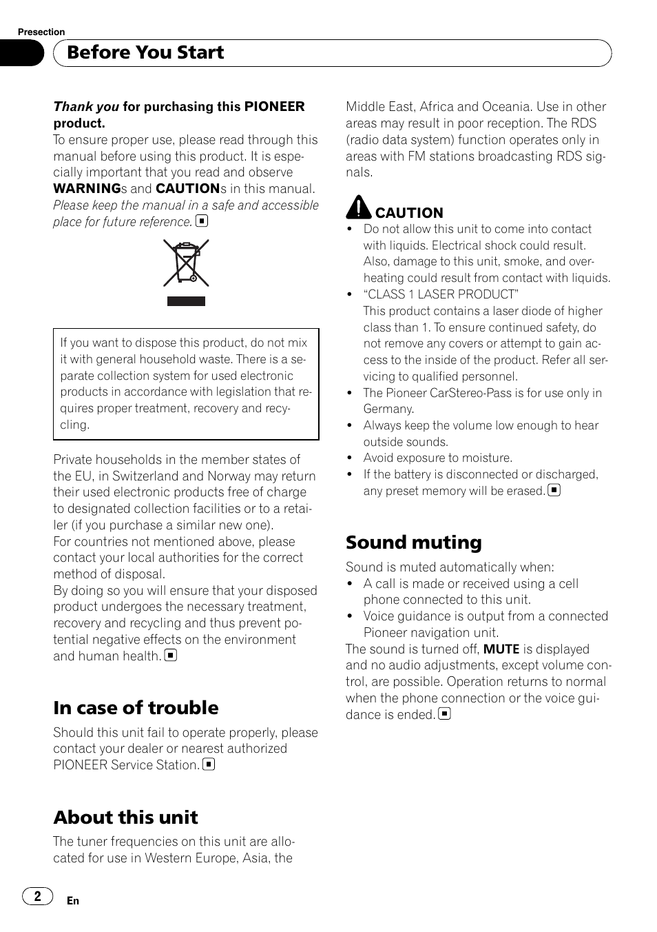 English, About this unit, Sound muting | Before you start | Pioneer DEH-2210UB User Manual | Page 2 / 117