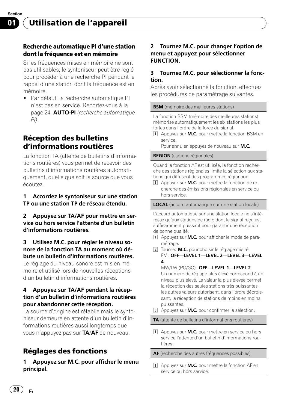 Utilisation de l ’appareil, Réception des bulletins d ’informations routières, Réglages des fonctions | Pioneer DEH-2210UB User Manual | Page 20 / 117