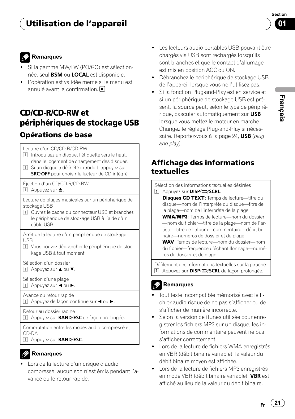 Cd/cd-r/cd-rw et périphériques de stockage usb, Utilisation de l ’appareil, Opérations de base | Affichage des informations textuelles, Français | Pioneer DEH-2210UB User Manual | Page 21 / 117