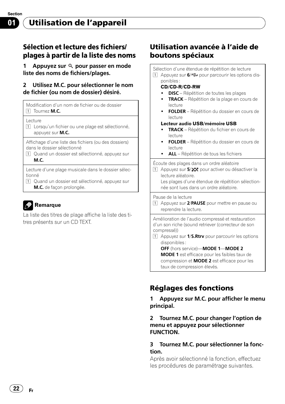 Utilisation de l ’appareil, Utilisation avancée à l ’aide de boutons spéciaux, Réglages des fonctions | Pioneer DEH-2210UB User Manual | Page 22 / 117