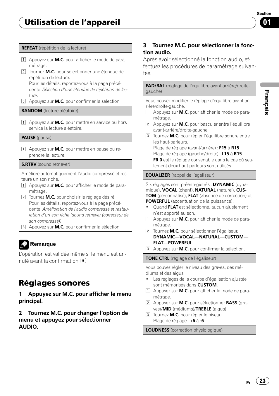 Réglages sonores, Utilisation de l ’appareil, Français | Pioneer DEH-2210UB User Manual | Page 23 / 117