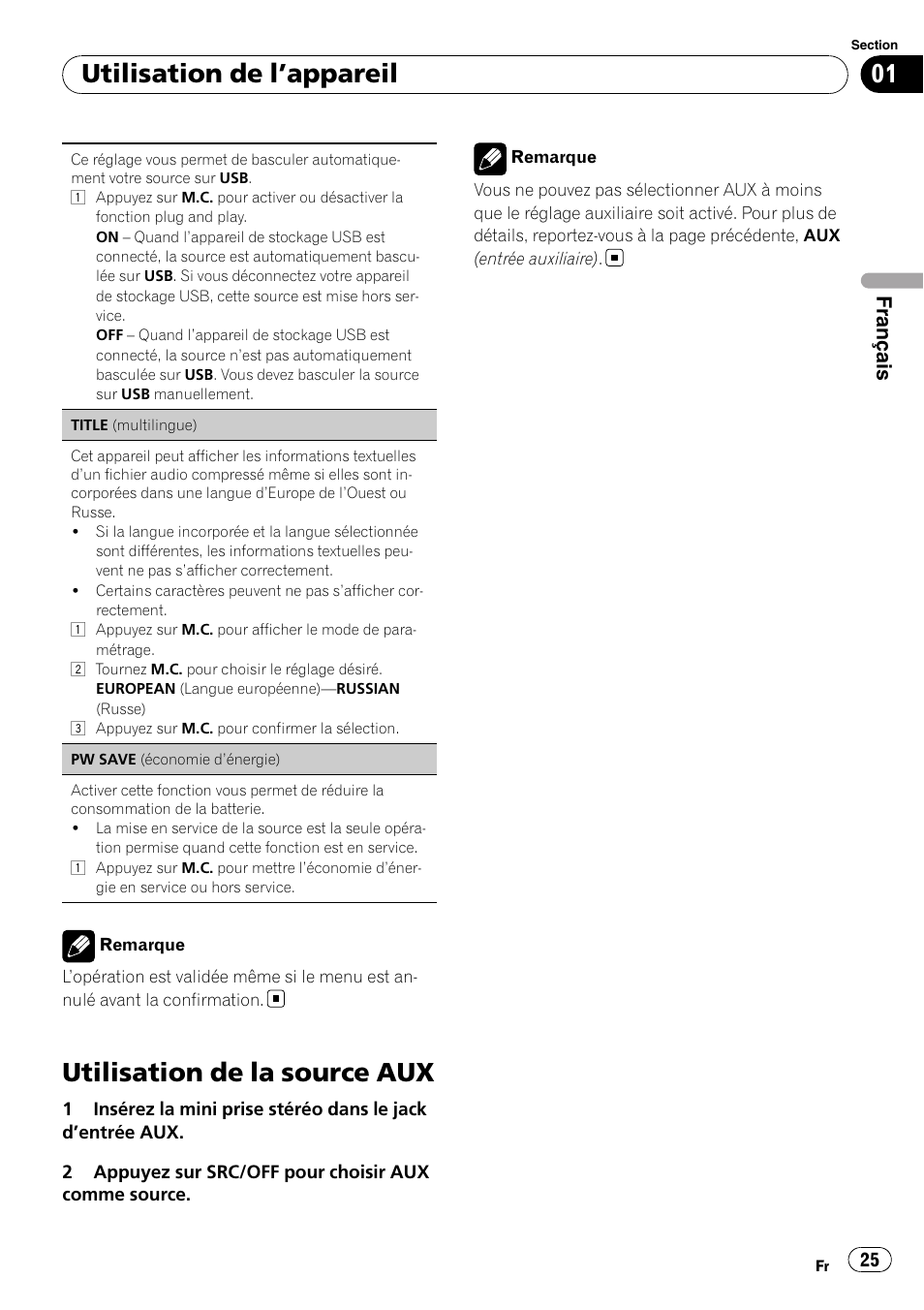 Utilisation de la source aux, Utilisation de l ’appareil, Français | Pioneer DEH-2210UB User Manual | Page 25 / 117