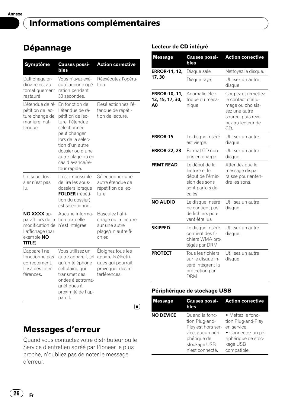 Dépannage, Messages d ’erreur, Informations complémentaires | Pioneer DEH-2210UB User Manual | Page 26 / 117