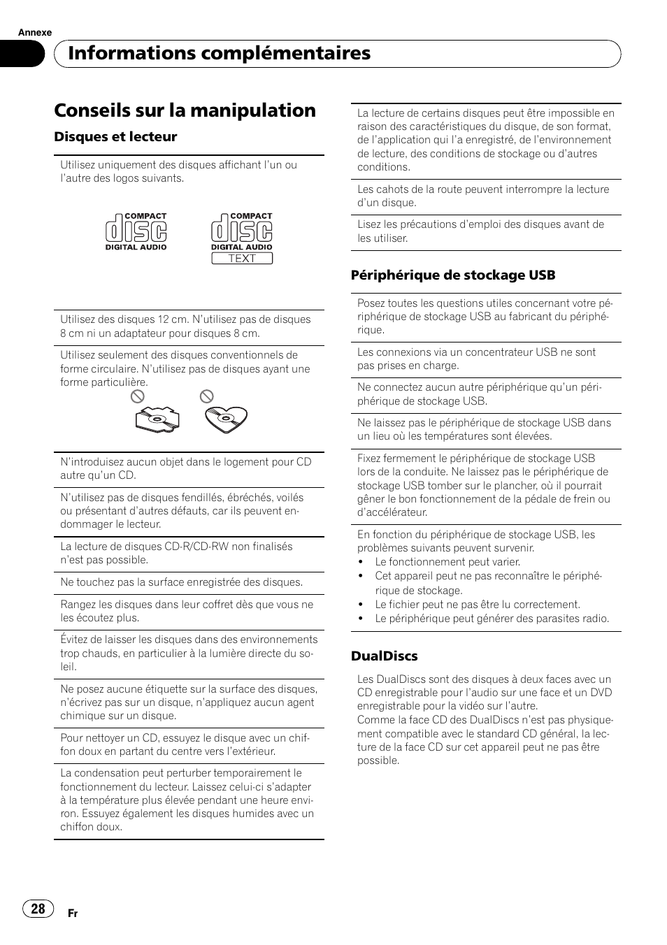 Conseils sur la manipulation, Informations complémentaires | Pioneer DEH-2210UB User Manual | Page 28 / 117