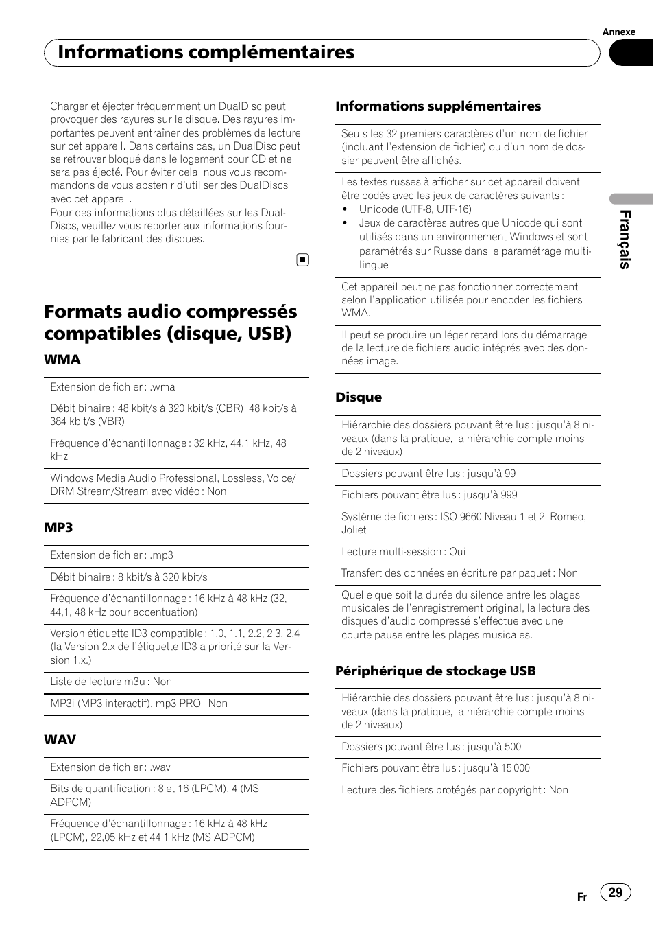 Formats audio compressés compatibles (disque, usb), Informations complémentaires, Français | Pioneer DEH-2210UB User Manual | Page 29 / 117