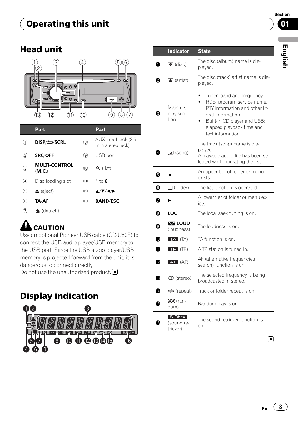 Head unit, Display indication, Operating this unit | English, Caution | Pioneer DEH-2210UB User Manual | Page 3 / 117