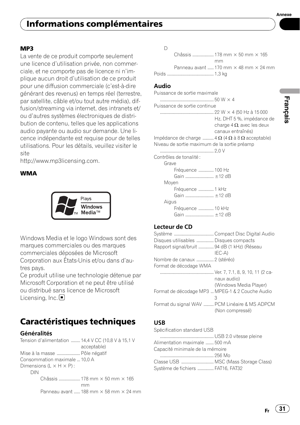 Caractéristiques techniques, Informations complémentaires, Français | Pioneer DEH-2210UB User Manual | Page 31 / 117