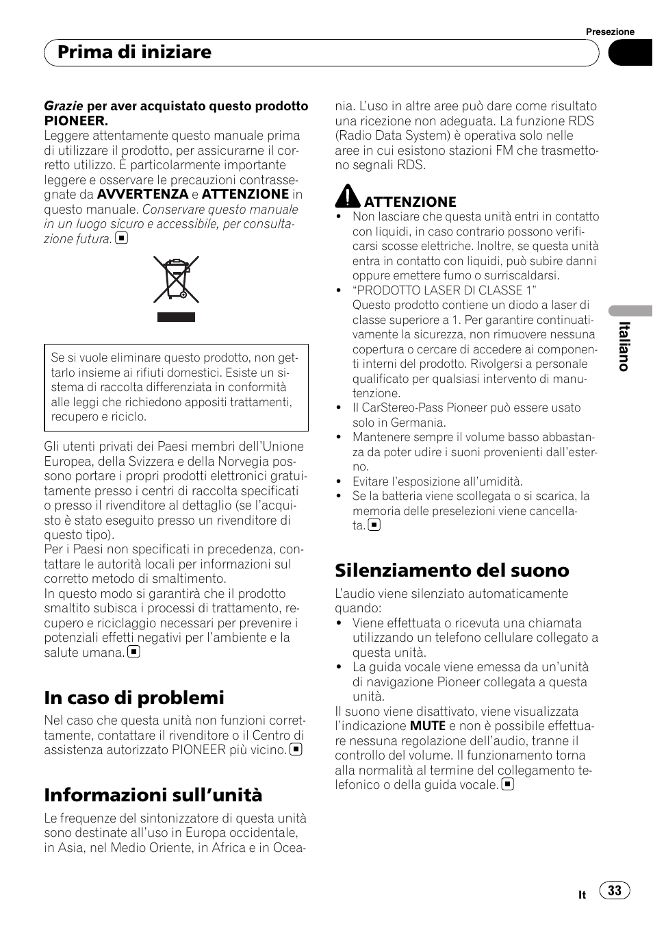 Italiano, Informazioni sull ’unità, Silenziamento del suono | Prima di iniziare | Pioneer DEH-2210UB User Manual | Page 33 / 117