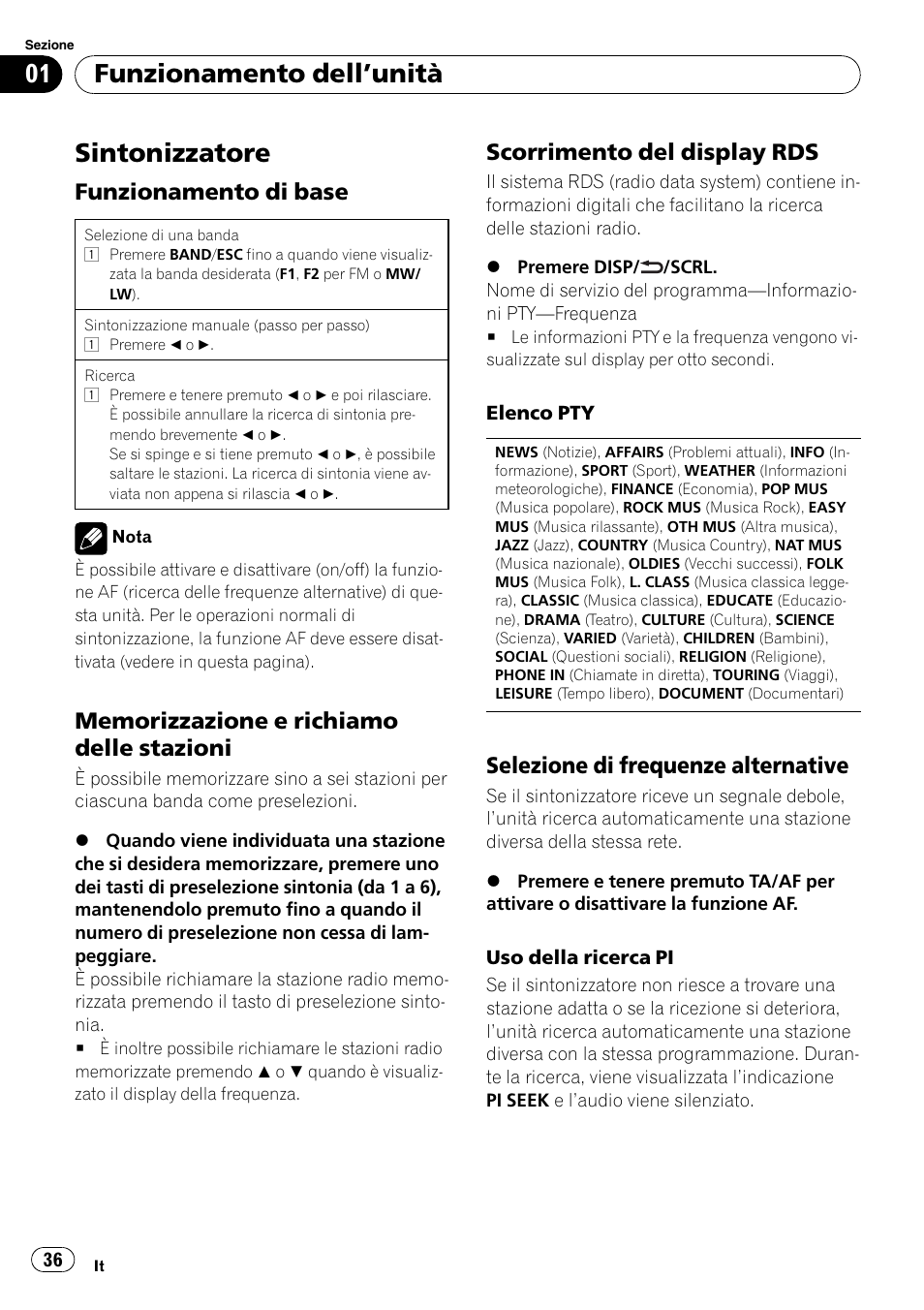 Sintonizzatore, Funzionamento dell ’unità, Funzionamento di base | Scorrimento del display rds, Selezione di frequenze alternative | Pioneer DEH-2210UB User Manual | Page 36 / 117