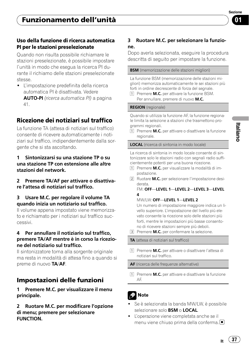 Funzionamento dell ’unità, Ricezione dei notiziari sul traffico, Impostazioni delle funzioni | Pioneer DEH-2210UB User Manual | Page 37 / 117