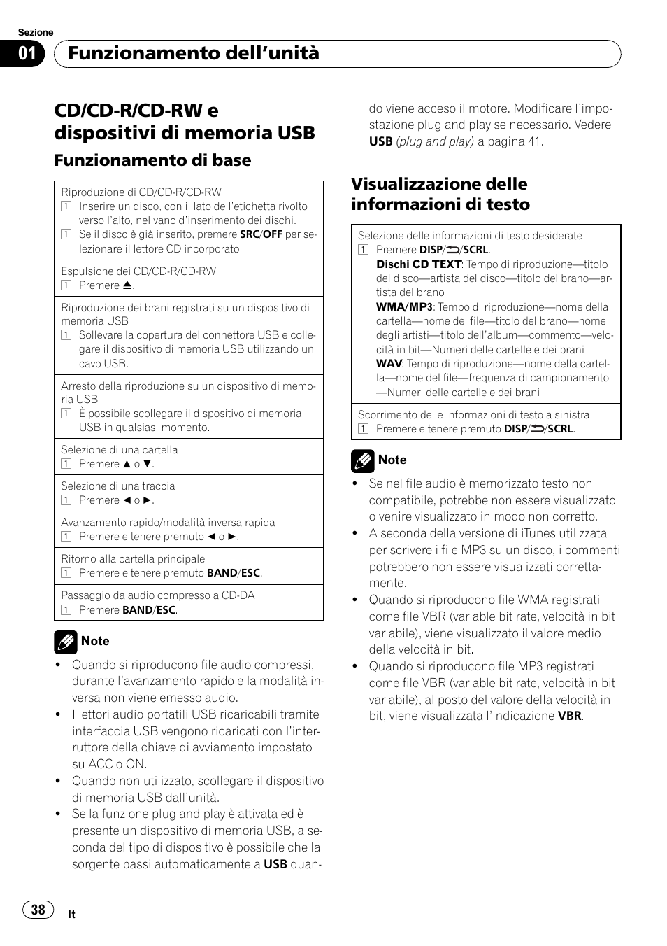 Funzionamento dell ’unità, Funzionamento di base, Visualizzazione delle informazioni di testo | Pioneer DEH-2210UB User Manual | Page 38 / 117