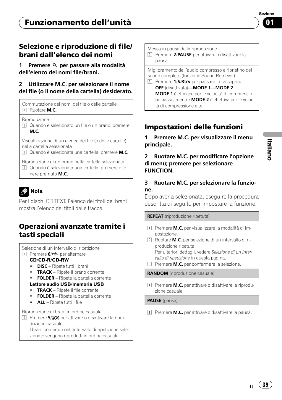 Funzionamento dell ’unità, Operazioni avanzate tramite i tasti speciali, Impostazioni delle funzioni | Italiano | Pioneer DEH-2210UB User Manual | Page 39 / 117