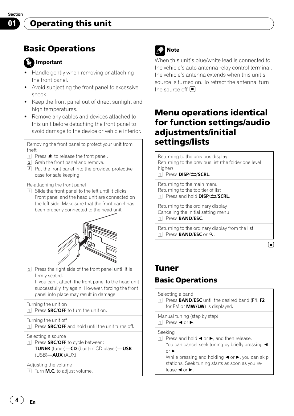Basic operations, Tuner, Operating this unit | Pioneer DEH-2210UB User Manual | Page 4 / 117