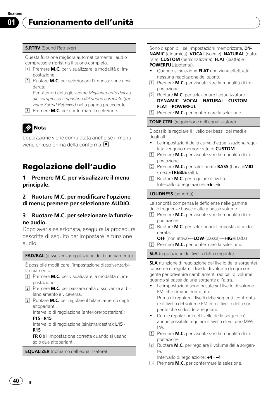 Regolazione dell ’audio, Funzionamento dell ’unità | Pioneer DEH-2210UB User Manual | Page 40 / 117